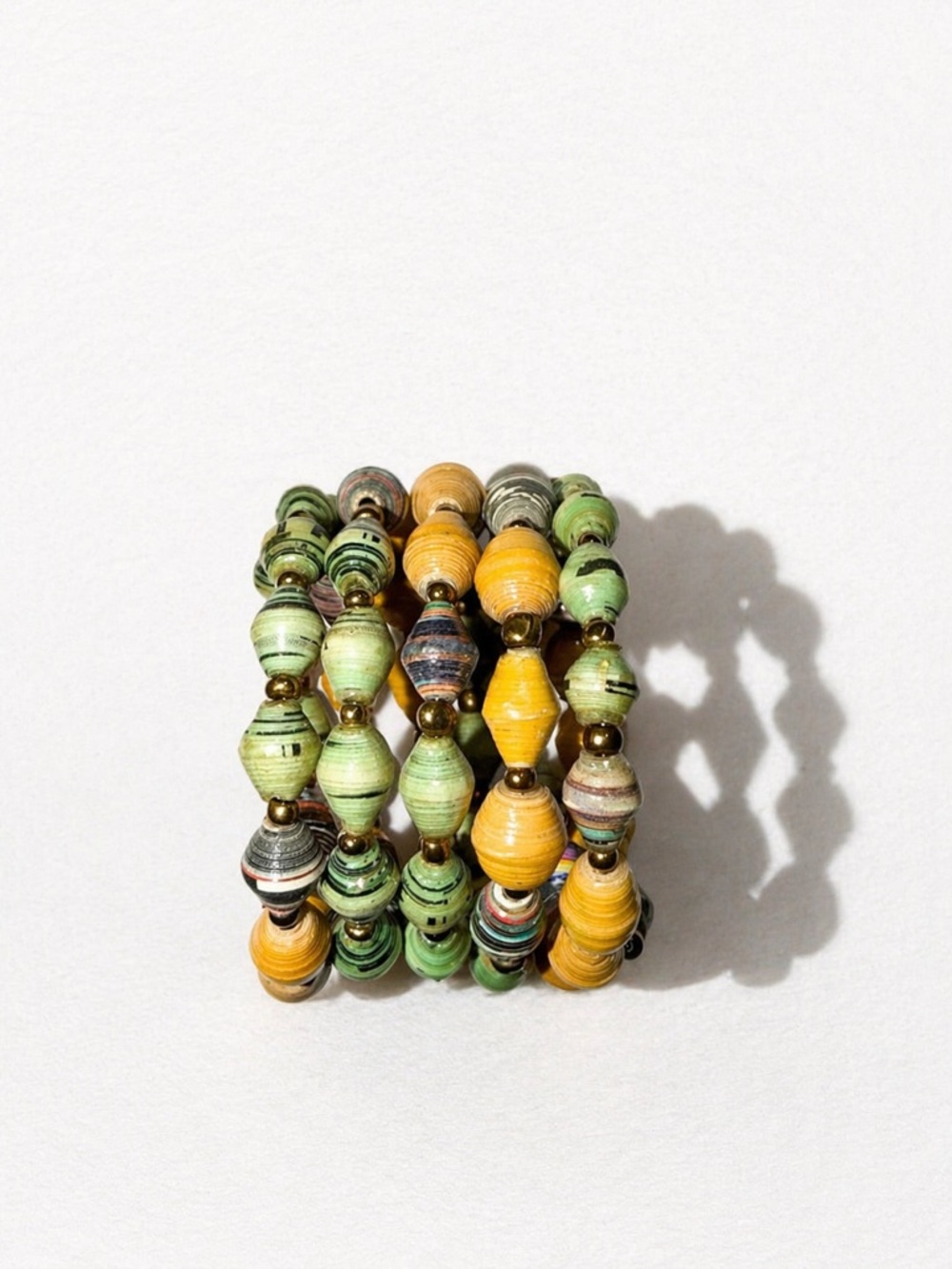 Yellow & Green Beaded Coil Bracelet - Handmade Paper Beads